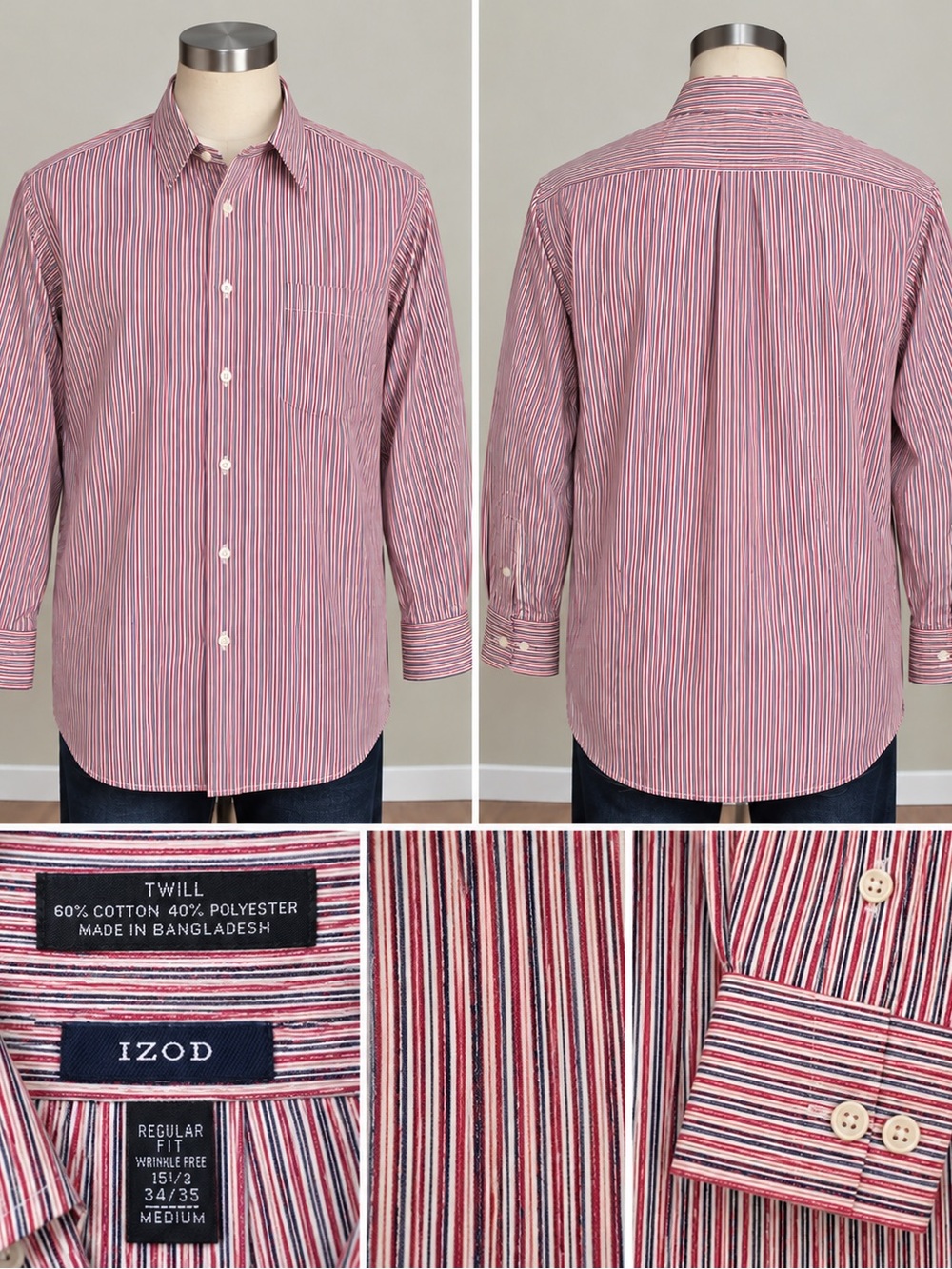 Izod Men’s Red and White Multi-Stripe Dress Shirt
